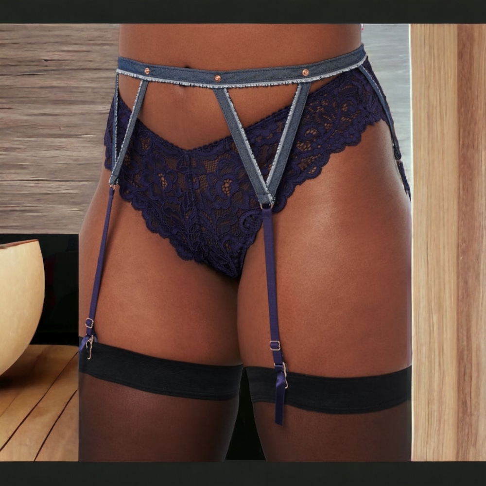 SAVAGE X FENTY FRAMED IN DENIM GARTER BELT SET W/ LACE PANTY & FISHNET STOCKINGS
